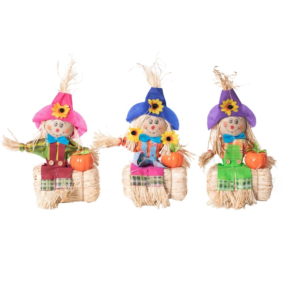 Gardenised Outdoor Fall Decor Halloween Scarecrow for Garden Ornament Sitting on Hay Bale, Straw Multicolor QI004087 - main